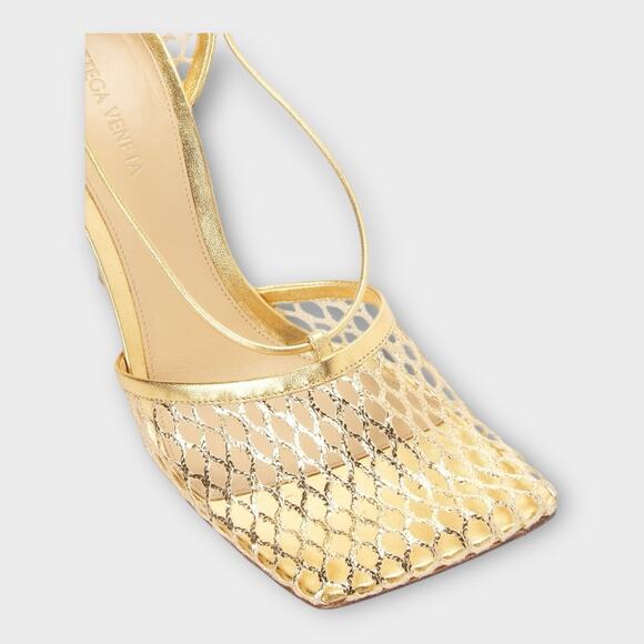 Womans Stretch Mesh Ankle Tie High Heel Sandals In Gold Size 37 - Picture 3 of 12